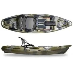 The Moken 10 V2 fishing kayak in desert camo top and side view.