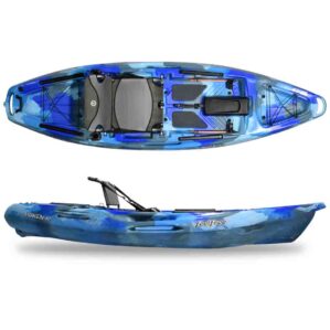 The Moken 10 V2 fishing kayak in ocean blue camo top and side view.