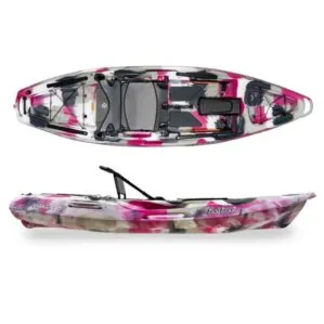 The Moken 10 V2 fishing kayak in pink camo top and side view.