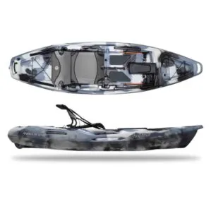 The Moken 10 V2 fishing kayak in winter camo top and side view.