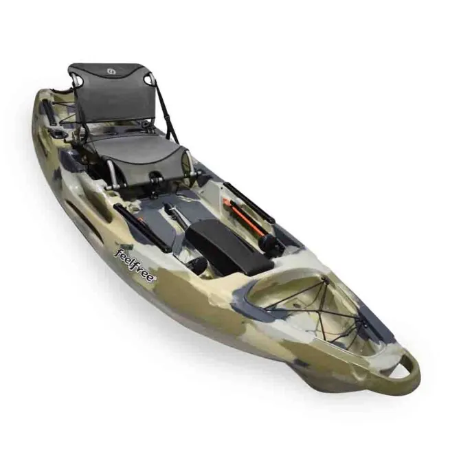 The Moken 10 V2 fishing kayak in desert camo with adjustable frame seat.