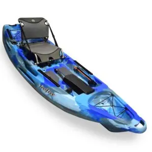 The Moken 10 V2 fishing kayak in ocean blue camo with adjustable frame seat.