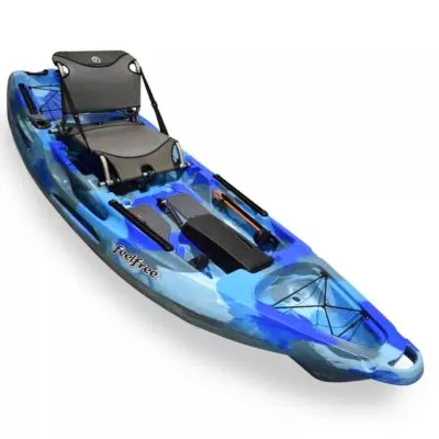 The Moken 10 V2 fishing kayak in ocean blue camo with adjustable frame seat.