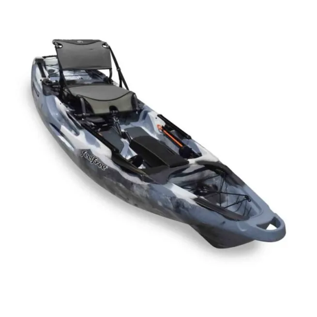 The Moken 10 V2 fishing kayak in winter camo with adjustable frame seat.