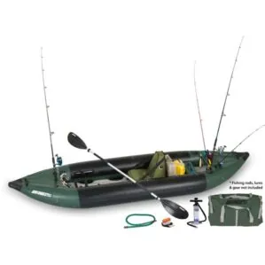 Sea Eagle solo fishing kayak with deluxe package. Setup with fishing gear.