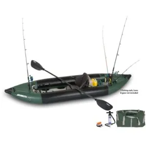 Sea Eagle solo fishing kayak with angler pro package. Setup with fishing gear.