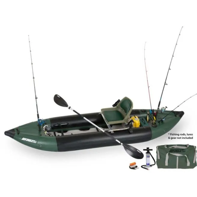 Sea Eagle solo fishing kayak with swivel seat package. Setup with fishing gear.