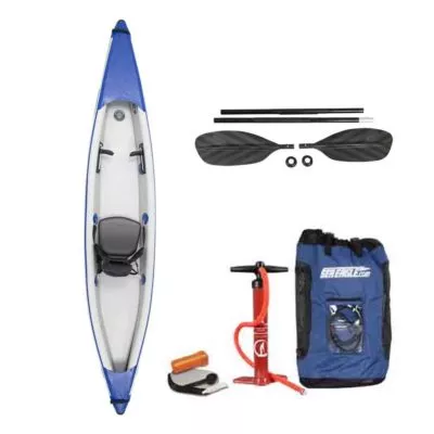The Sea Eagle 393rl inflatable solo kayak pro package.
