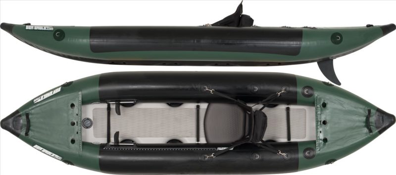 Sea Eagle FX Angler inflatable kayak top and side view. Green with black extra durability.