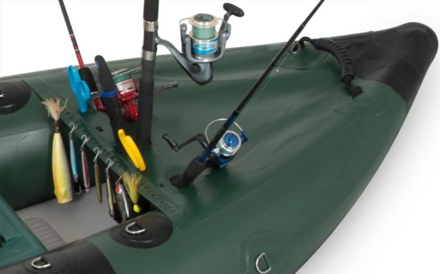 The Sea Eagle Angler kayak spray skirt with rod holders and tackle hooks.