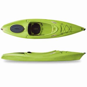 Seastream GT sit in touring style kayak in lime top and side view.