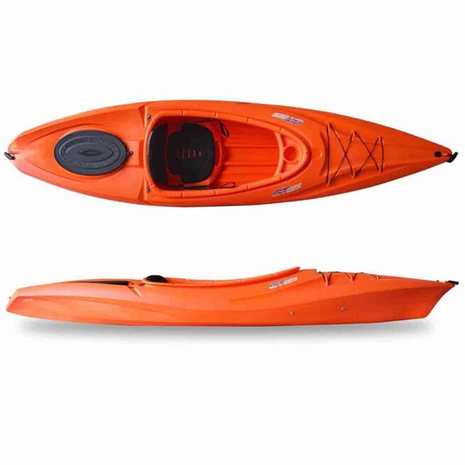 Seastream GT sit in touring style kayak in orange top and side view.