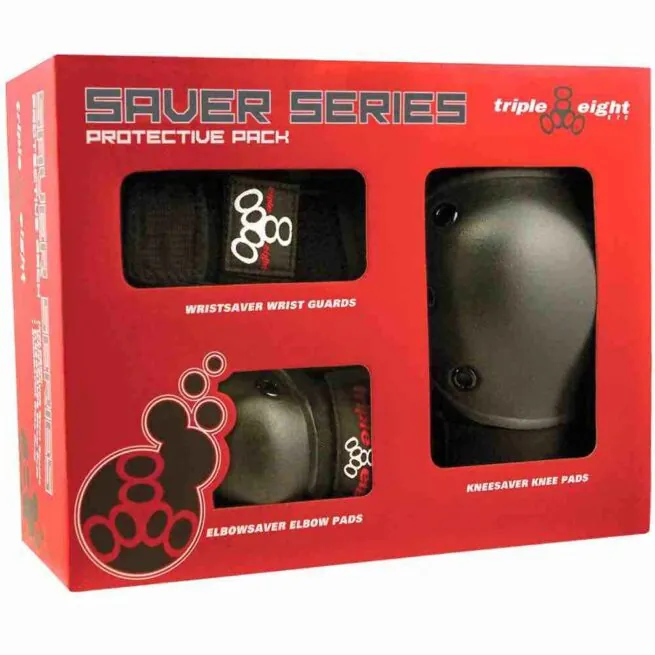 Triple Eight 3 pack wristsavers, elbow pads & knee pads in black.