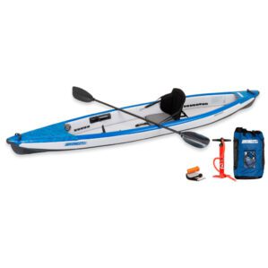 The Sea Eagle 393RL Inflatable Kayak Pro Carbon package with paddle, pump, and bag at Riverbound Sports in Tempe, Arizona.