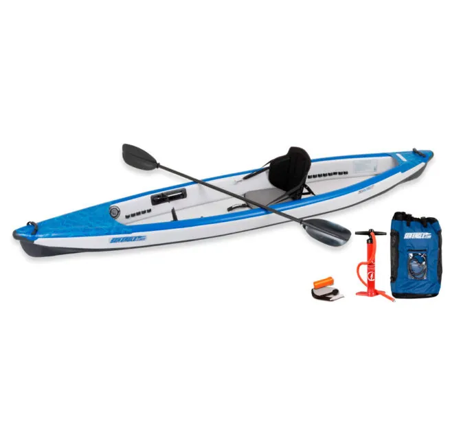 The Sea Eagle 393RL Inflatable Kayak Pro Carbon package with paddle, pump, and bag at Riverbound Sports in Tempe, Arizona.
