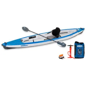 The Sea Eagle 393RL Inflatable Kayak Pro Solo package with paddle, pump, and bag at Riverbound Sports in Tempe, Arizona.