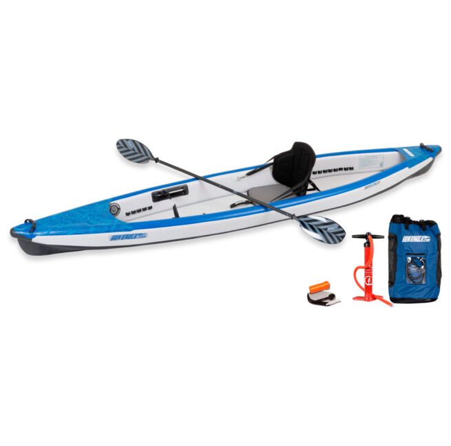 The Sea Eagle 393RL Inflatable Kayak Pro Solo package with paddle, pump, and bag at Riverbound Sports in Tempe, Arizona.