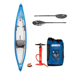 The Sea Eagle 393RL Inflatable Kayak Pro Solo package with paddle, pump, and bag at Riverbound Sports in Tempe, Arizona.