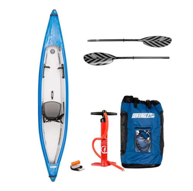 The Sea Eagle 393RL Inflatable Kayak Pro Solo package with paddle, pump, and bag at Riverbound Sports in Tempe, Arizona.