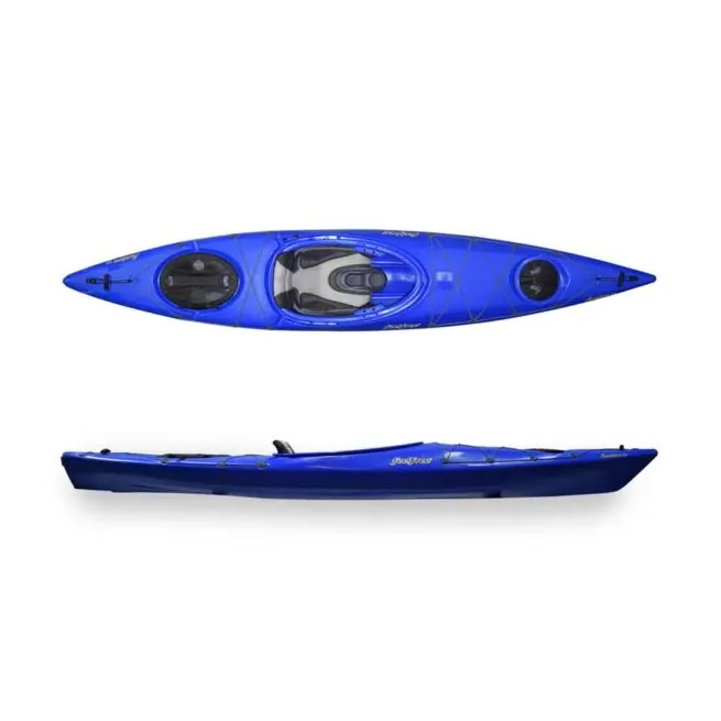 Feelfree Aventura 12'6" touring kayak in cobalt blue top and side image.