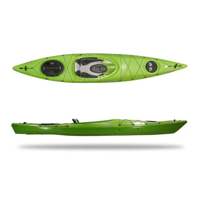 Feelfree Aventura 12'6" touring kayak in lime green top and side image.