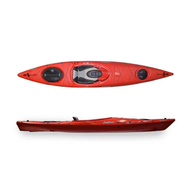 Feelfree Aventura 12'6" touring kayak in red top and side image.