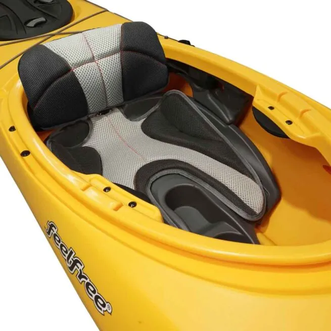 Feelfree Aventura 12'6" touring kayak in yellow. Cockpit image.