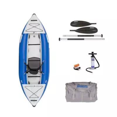 Sea Eagle 300X inflatable kayak paddle, pump and carry bag package.