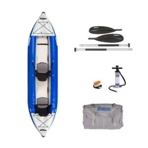Sea Eagle 380X inflatable kayak paddle, pump and carry bag package.