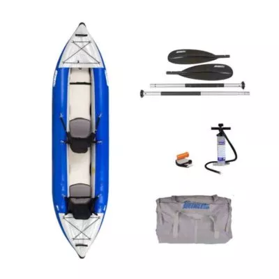 Sea Eagle 380X inflatable kayak paddle, pump and carry bag package.