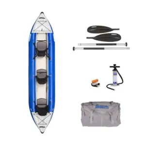 Sea Eagle 420X inflatable kayak paddle, pump and carry bag package.