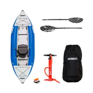 Sea Eagle 300X inflatable kayak paddle, pump and carry bag pro package at Riverbound Sports.