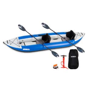 Sea Eagle 380X inflatable kayak paddle, pump, and carry bag pro package at Riverbound Sports.