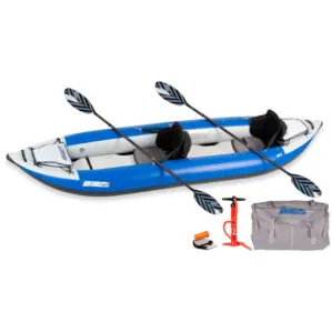 Sea Eagle 380X inflatable kayak paddle, pump, and carry bag pro package at Riverbound Sports.