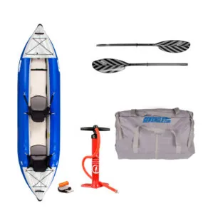 Sea Eagle 380X inflatable kayak paddle, pump, and carry bag package at Riverbound Sports.