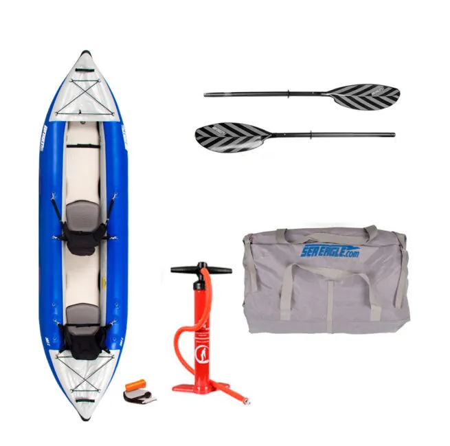 Sea Eagle 380X inflatable kayak paddle, pump, and carry bag package at Riverbound Sports.