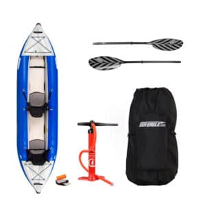 Sea Eagle 380X inflatable kayak paddle, pump, and carry bag package at Riverbound Sports.