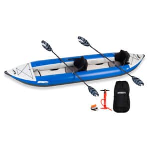 Sea Eagle 420X inflatable kayak paddle, pump, and carry bag pro package at Riverbound Sports.