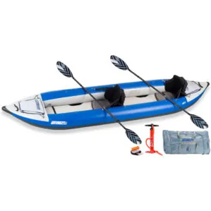 Sea Eagle 420X inflatable kayak paddle, pump, and carry bag pro package at Riverbound Sports.
