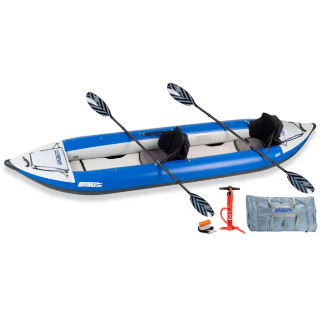 Sea Eagle 420X inflatable kayak paddle, pump, and carry bag pro package at Riverbound Sports.