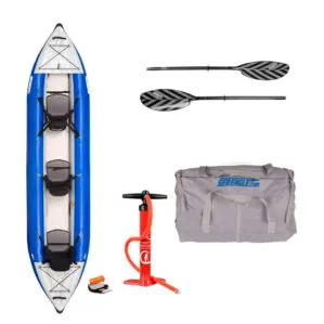 Sea Eagle 420X inflatable kayak paddle, pump and carry bag package.