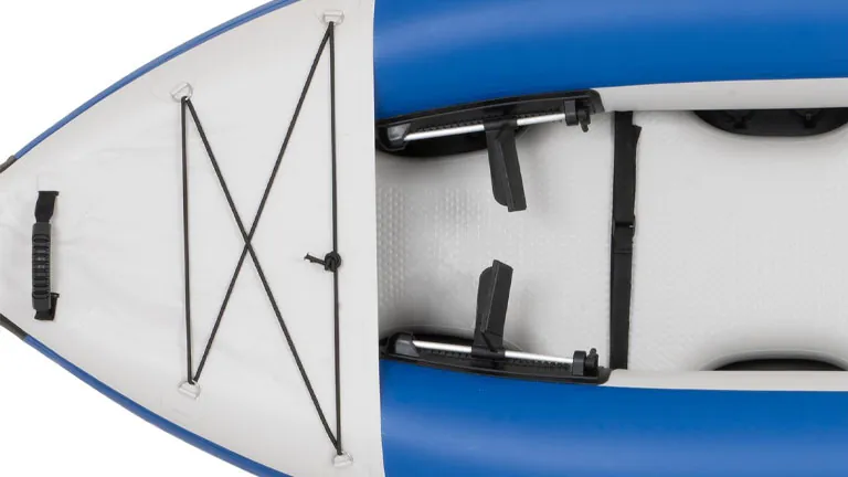 Top view of white and blue sea Eagle 300 foot Flexbrace2 in kayak at Riverbound Sports