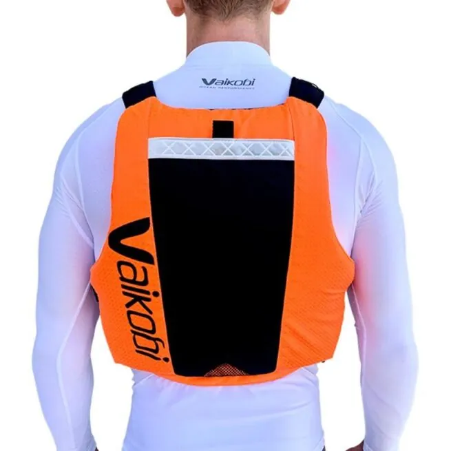 Vaikobi VXP race PFD in orange and black back view.
