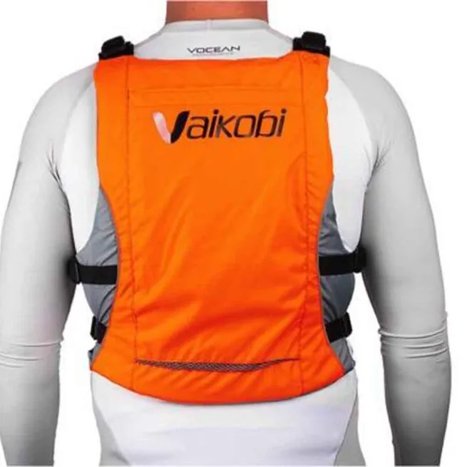 The Vaikobi V3 Ocean reacing life jacket back view at Riverbound Sports in orange.