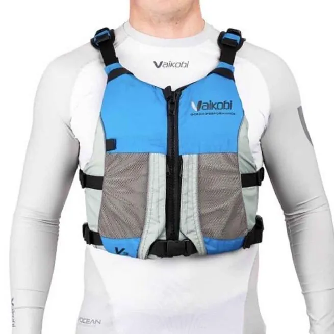 The Vaikobi V3 Ocean reacing life jacket front view at Riverbound Sports in blue.