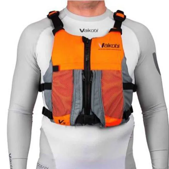 The Vaikobi V3 Ocean reacing life jacket front view at Riverbound Sports in orange.