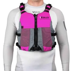 The Vaikobi V3 Ocean reacing life jacket front view at Riverbound Sports in pink.