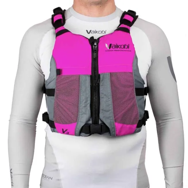 The Vaikobi V3 Ocean reacing life jacket front view at Riverbound Sports in pink.