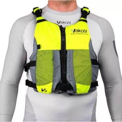The Vaikobi V3 Ocean reacing life jacket front view at Riverbound Sports in yellow.