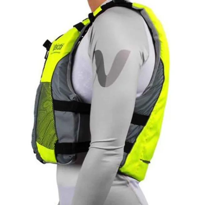 The Vaikobi V3 Ocean reacing life jacket side view at Riverbound Sports in yellow.